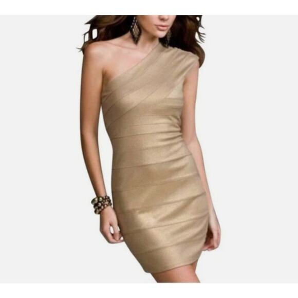 Express Shimmery Metallic One Shoulder Bandage Dress Gold XS - Picture 1 of 7